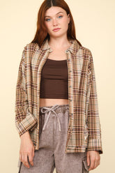 VERY J Contrast Plaid Raw Detail Shirt Taupe OutfitFlow